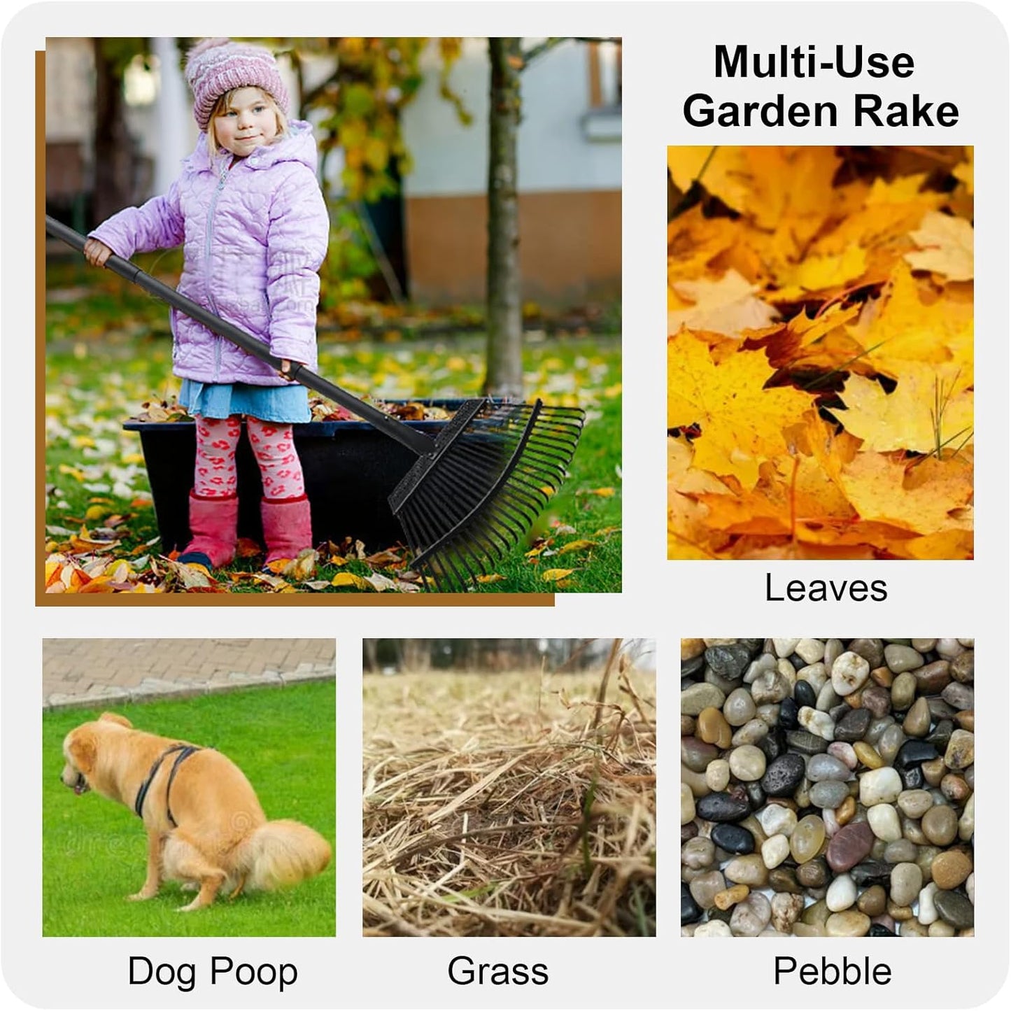 Rake for Leaves, 25 Metal Tines Wide Leaf Rake, 60'' Leaf Rakes for Lawns with Adjustable Steel Handle for Camping Flower Beds Mulch Shrub, Black