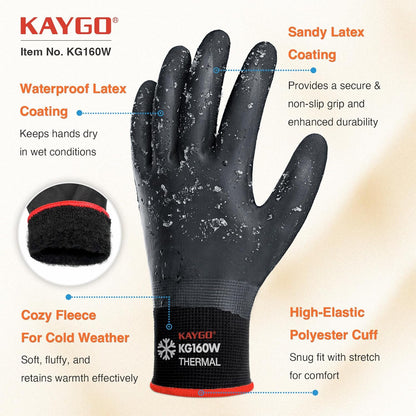 KAYGO Winter Waterproof Work Gloves for Men and Women, Thermal Insulated Freezer Rubber Coated Gloves,Super Grip,L, KG160