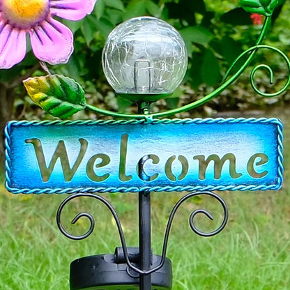 Outdoor Solar Garden Lights with Welcome Sign, Hummingbird Ornament Metal Stake Lights for Lawn, Patio, Cracked Glass Balls (Hummingbird)