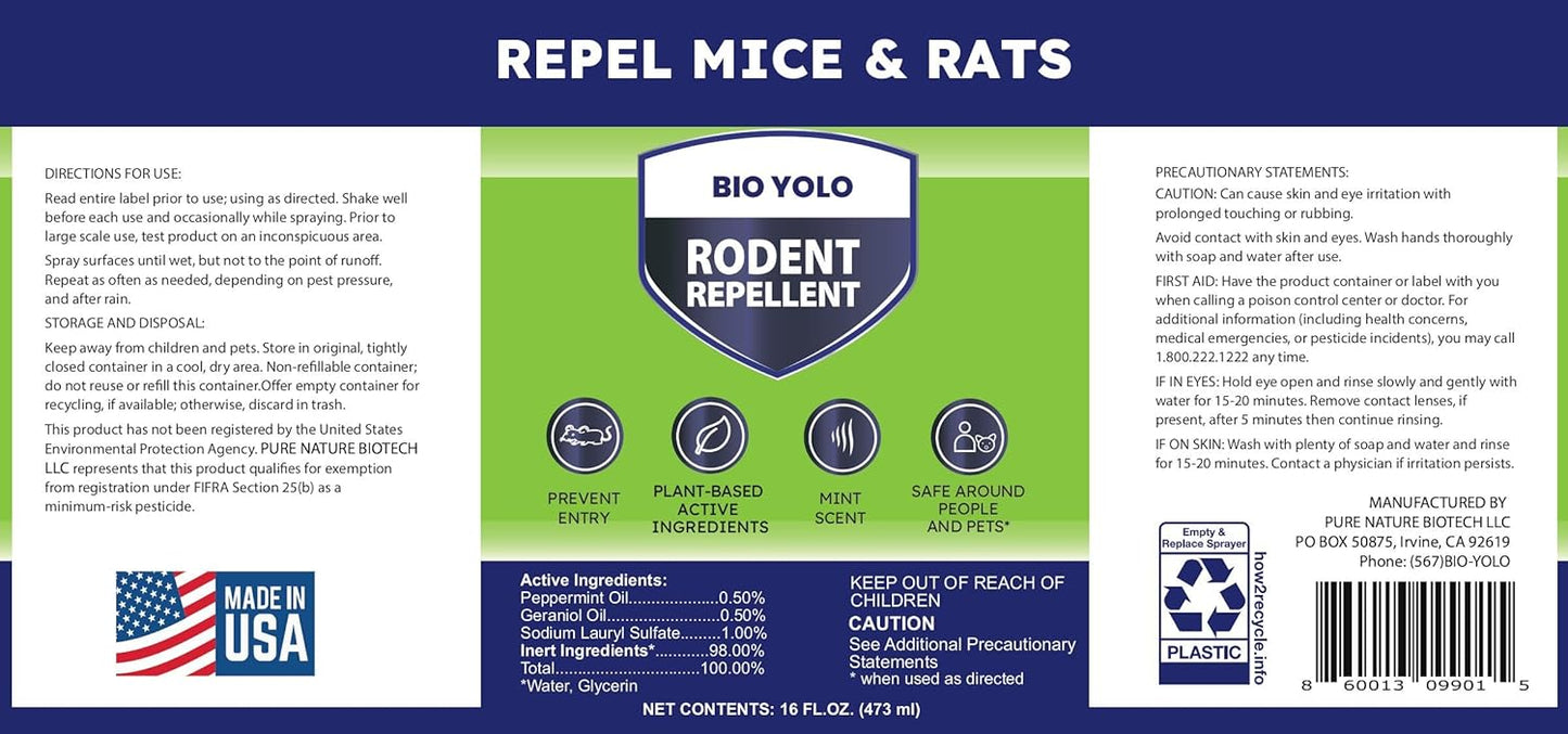 Rodent Repellent Spray, 16oz – Effective Natural Peppermint Formula Repel Mice, Rats, Squirrels, and Rodents. Safe for Indoor, Outdoor, and Car Engines. Safe for People and Pets.