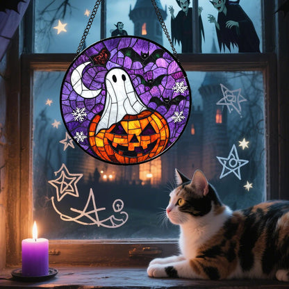 Stained Glass Window Hanging Halloween Horror Pumpkin 15" - Suncatcher Door Garden Sunroom Gothic Style Ghost Bat Sun Catcher Birthday for Friend Mom Men Woman Nana