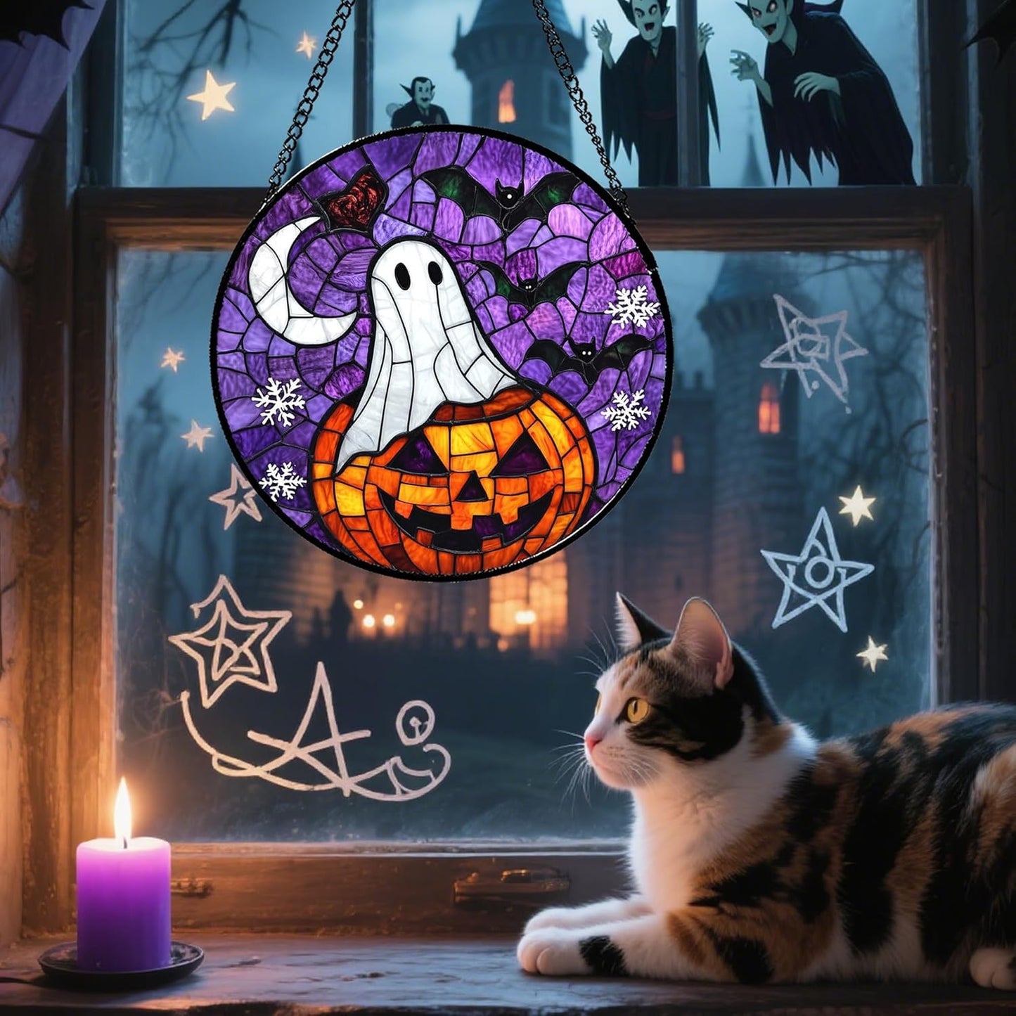 Stained Glass Window Hanging Halloween Horror Pumpkin 7.8" - Suncatcher Door Garden Sunroom Gothic Style Ghost Bat Sun Catcher Birthday for Friend Mom Men Woman Nana