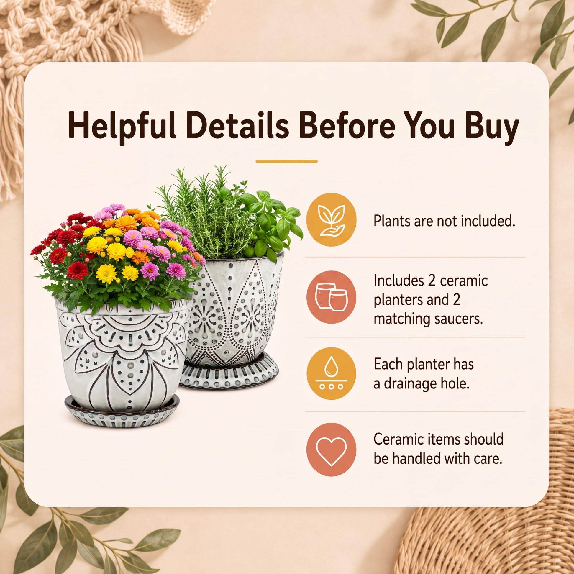 Gepege Ceramic Plant Pots, 6 Inch Indoor Planters with Drainage & Saucers
