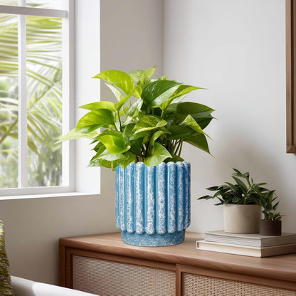 Ceramic Planter - 7.6 Inch Ceramic Plant Pots with Drainage Hole, Decorative Flower Pots for Indoor Outdoor, Fluted Round Planter, Room Home Decor, Plant Lover Gifts for Women, Blue