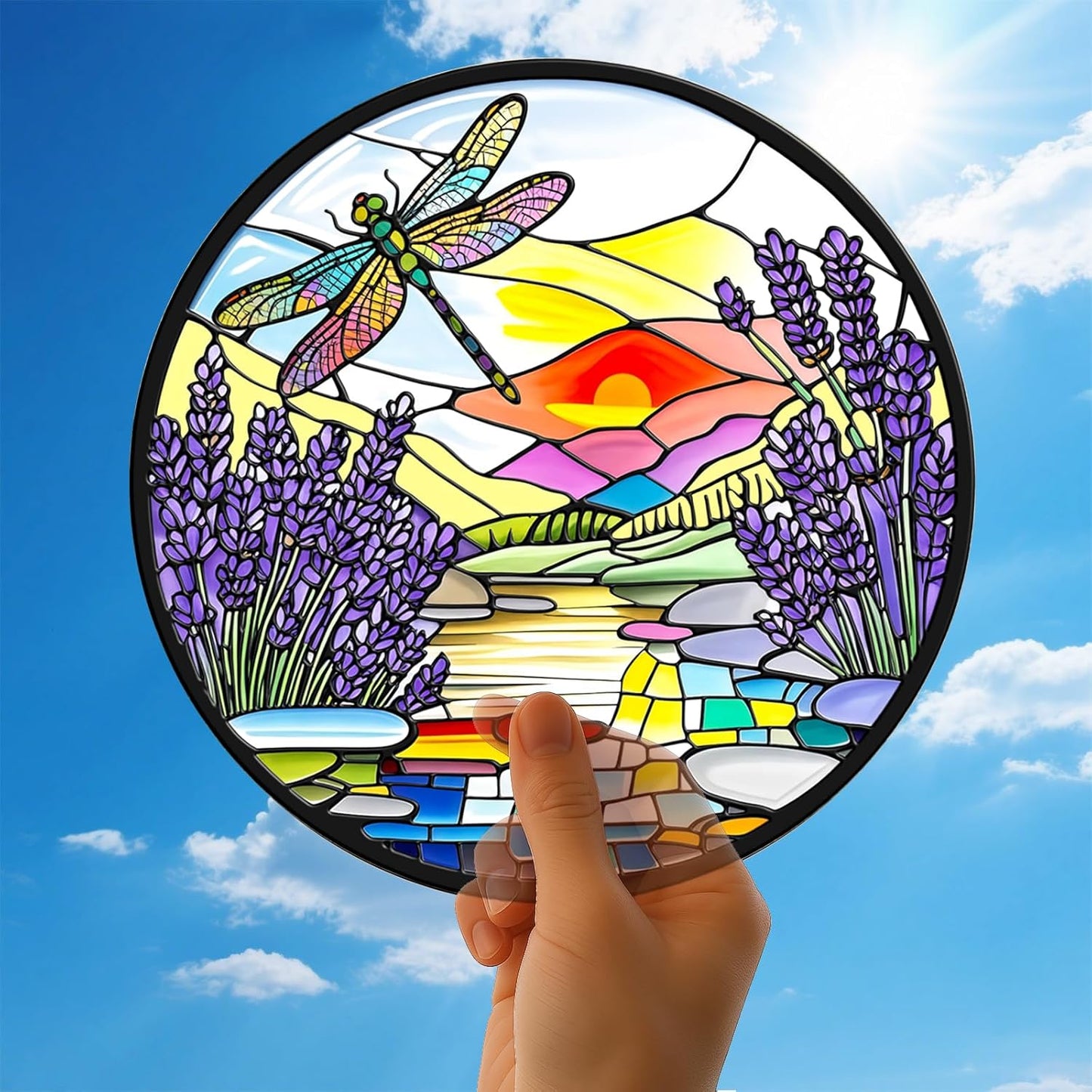 Lavender Dragonfly Suncatchers Stained Glass for Windows Hanging - 8 in UV Print Sun Catchers Indoor Window - Stain Glass Window Hanging for Gifts, Decor, Wall Art