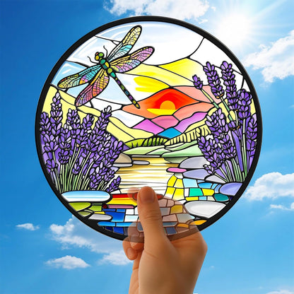 Lavender Dragonfly Suncatchers Stained Glass for Windows Hanging - 8 in UV Print Sun Catchers Indoor Window - Stain Glass Window Hanging for Gifts, Decor, Wall Art