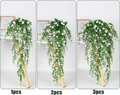 RECUTMS Artificial Hanging Plants Fake Hanging Plant Faux Eucalyptus Leaf Greenery Vine Outdoor UV Resistant Plastic Plants Home Garden Wedding Party Indoor Outdoor Decorations(White)