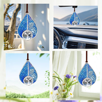 H&D HYALINE & DORA Handcrafted Stained Glass Blue Teardrop Suncatcher Panel Art Glass Sun Catcher Window Home Decor Hanging Pendant