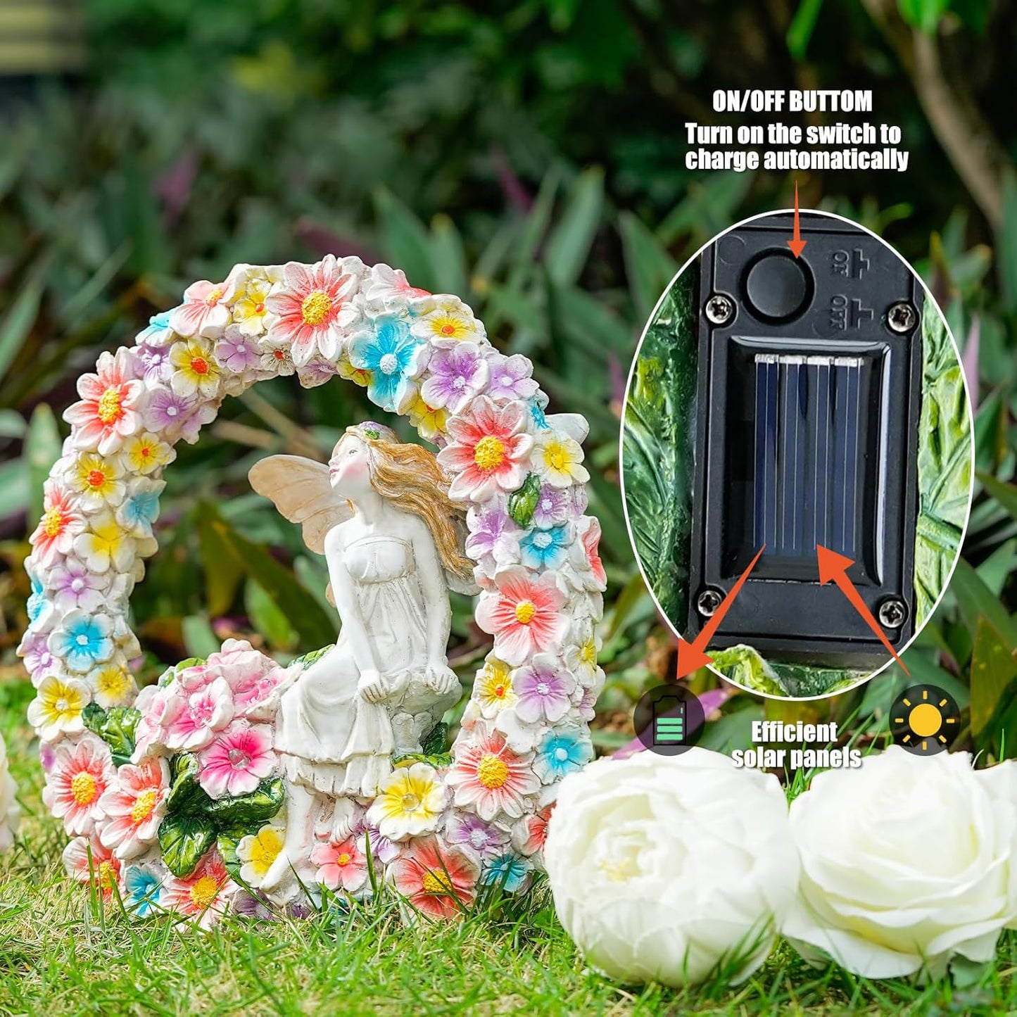 Garden Whimsical Gnome and Bulldog Statue Delightful Garden Decoration with Solar Light Gifts for Yard, Patio Decor (Flower Angel)