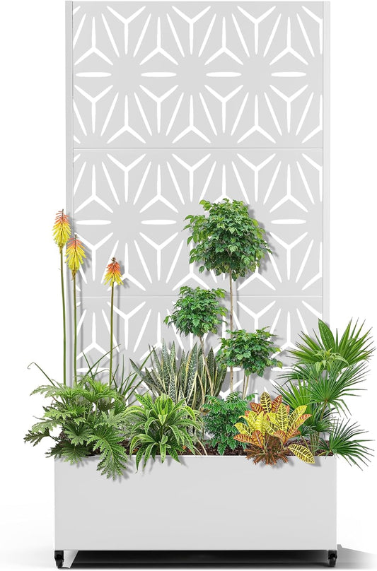 15.7"×70.9"×35.4" Metal Raised Garden Bed with Trellis and Wheels - Tall Trellis Planter Box for Climbing Plants, Vegetables & Vines - Outdoor Privacy Planters for Patio (White-Star)