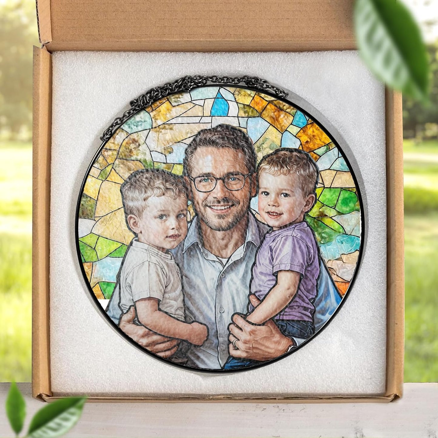 LOVELYPOD Personalized Dad Stained Glass Sun Catcher, Photo Family Portrait Faux Window Hanging Ornament, Custom Photo Gift for Dad from Son Daughter, Grandpa Gifts