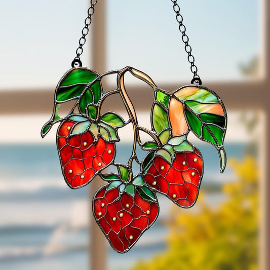 Strawberries Branch Acrylic Suncatcher Stained Glass Effect Window Car Hanging Christmas Ornament