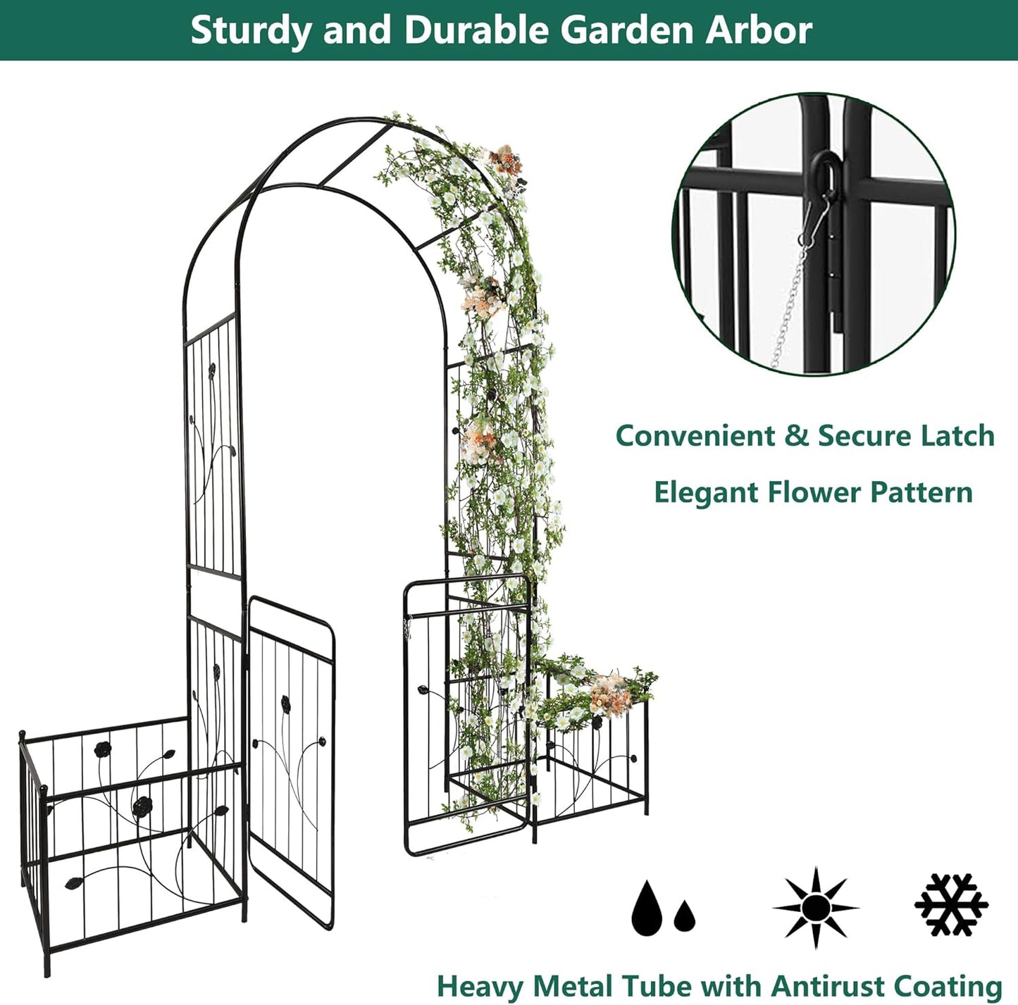 Metal Garden Arbor Arch with Gate and Plant Box, 86.6" H Garden Trellis Wedding Arch Party Decoration for Outdoor Lawn Climbing Plants Support Roses Vines