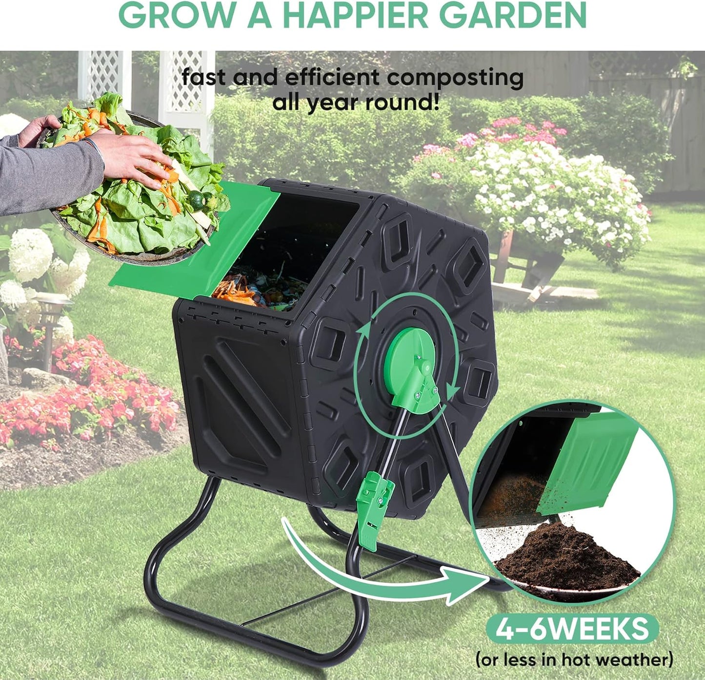 F2C 18.5 Gallon Compost Tumbler Compost Bin All-Season Outdoor BPA Free Single Rotating Chamber Composters w/ 2 Sliding Doors and Solid Steel Frame