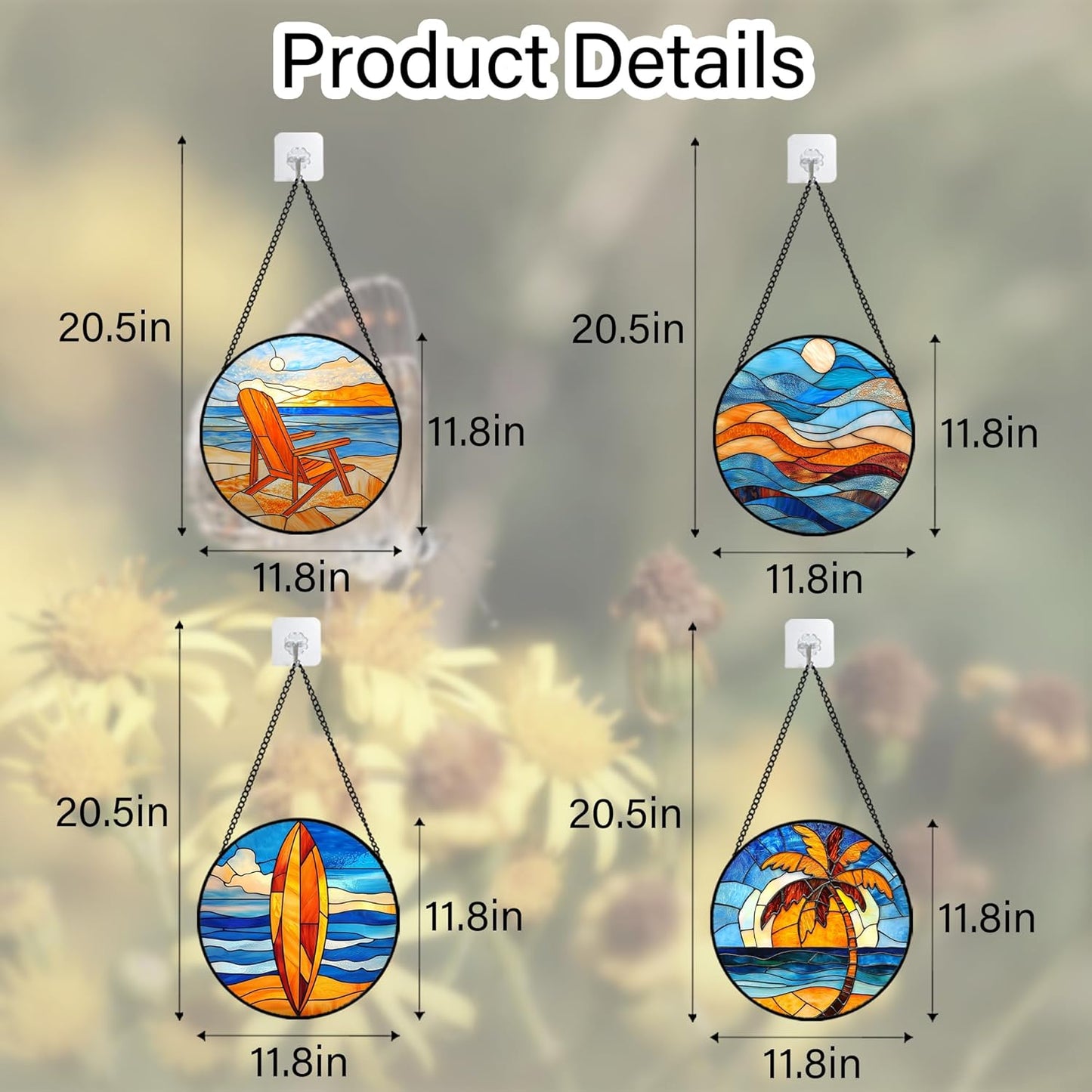 Stained Glass Window Hanging 4 Pcs Set Blue Orange Ocean Beach Theme Large 11.8" - Suncatcher Door Garden Sun Catcher Decor Birthday Christmas for Mom Woman Nana Men Wife