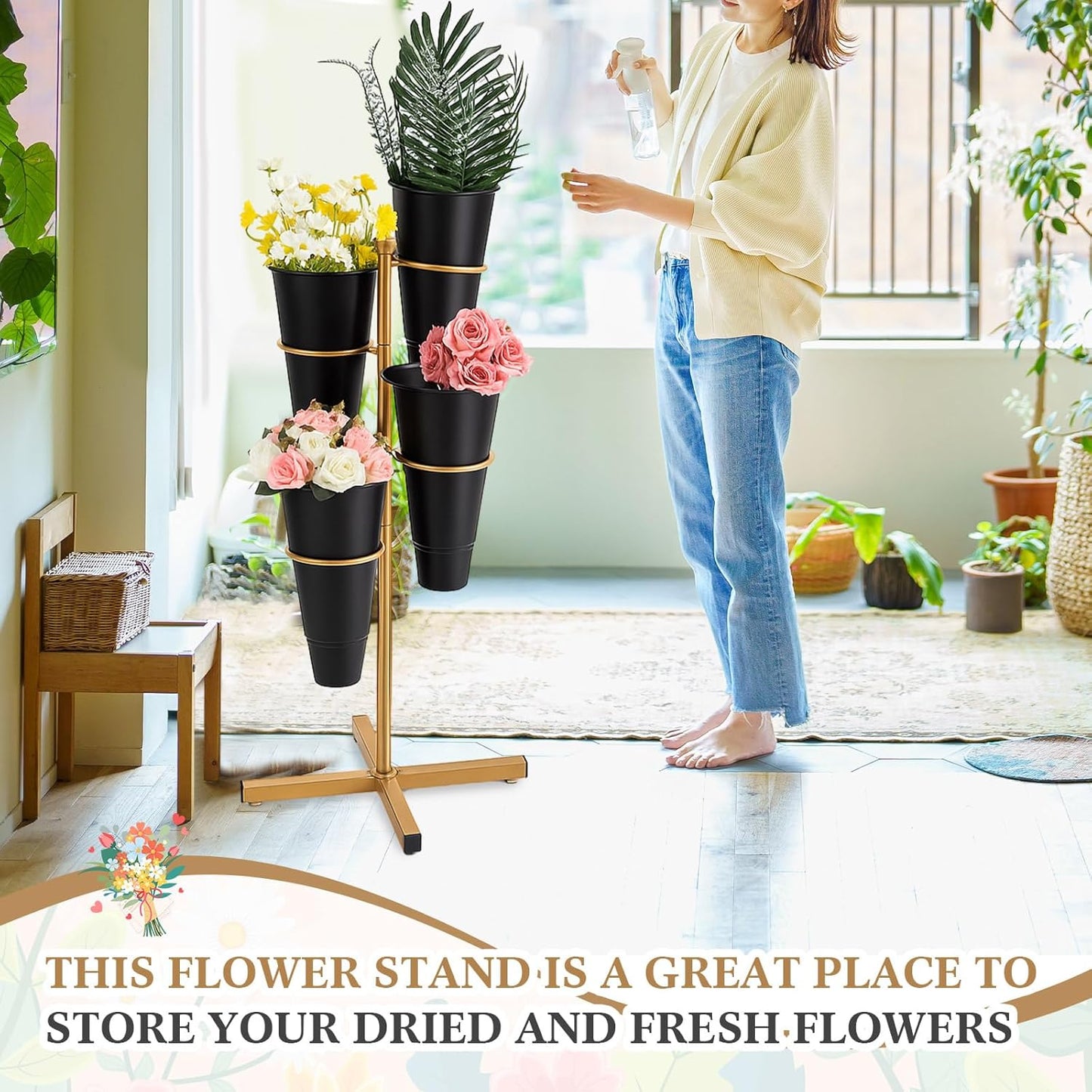 Flower Display Stand with 4 Plastic Buckets, Rotatable Metal Flower Stand Gold Plant Stands 4 Tier Florist Shelf Plant Cart for Patio Garden Living Room Indoor Outdoor Home Decoration (Black)