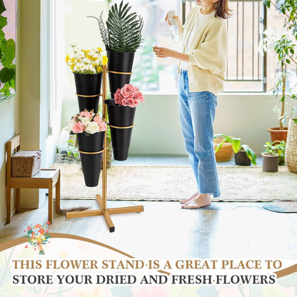 Flower Display Stand with 4 Plastic Buckets, Rotatable Metal Flower Stand Gold Plant Stands 4 Tier Florist Shelf Plant Cart for Patio Garden Living Room Indoor Outdoor Home Decoration (Black)