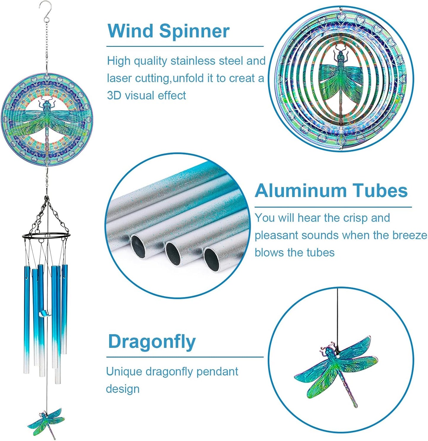 TUOKING Wind Chimes for Outside 3D Dragonfly Wind Spinner Windchimes Hanging Decoration for Outdoor Yard Garden Patio, Unique Gift for Mom,Women,Chimes Lovers