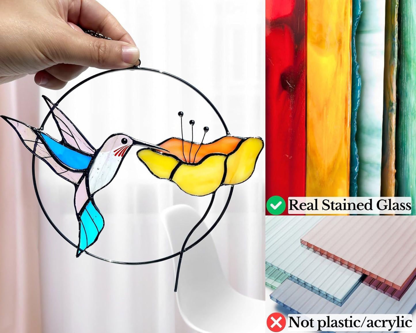 Hummingbird Stained Glass Bird Suncatcher for Mom, Grandma, Women - Real Glass Window Hanging Ornament - Handmade Crafts for Bird Lover (Gifts Ready Packaging)