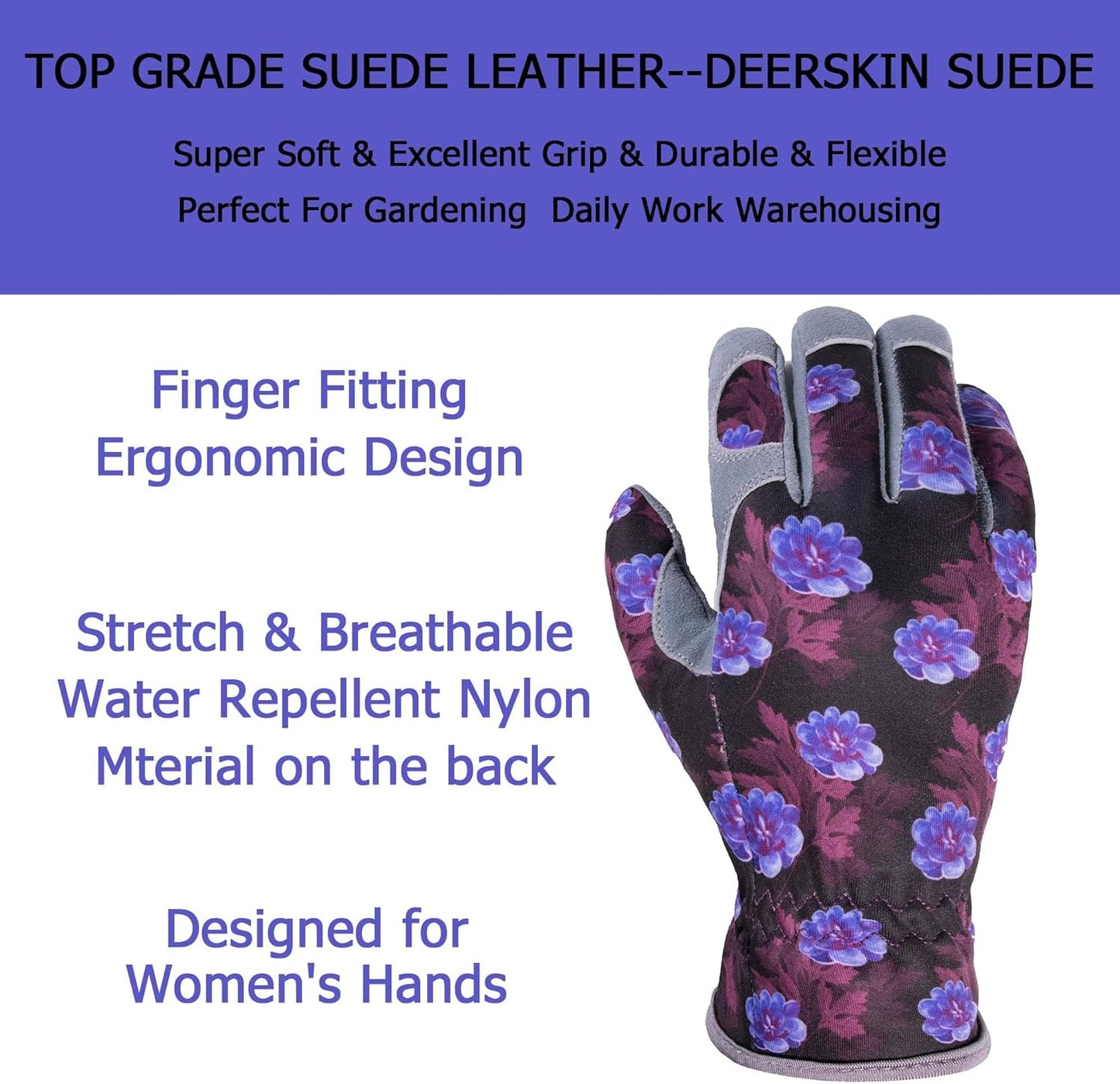 SKYDEER Premium Genuine Deerskin Suede Women's Gardening Gloves, Ultra-Soft Padded, Comfort Fit for Work (SD6613/M)