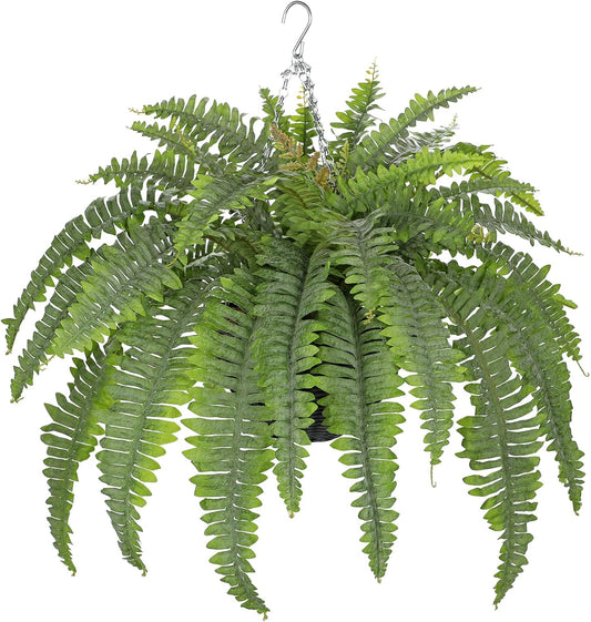 Hollyone 33" Artificial Boston Fern Hanging Basket Large 39 Leaves Fake Ferns in Rattan Pot