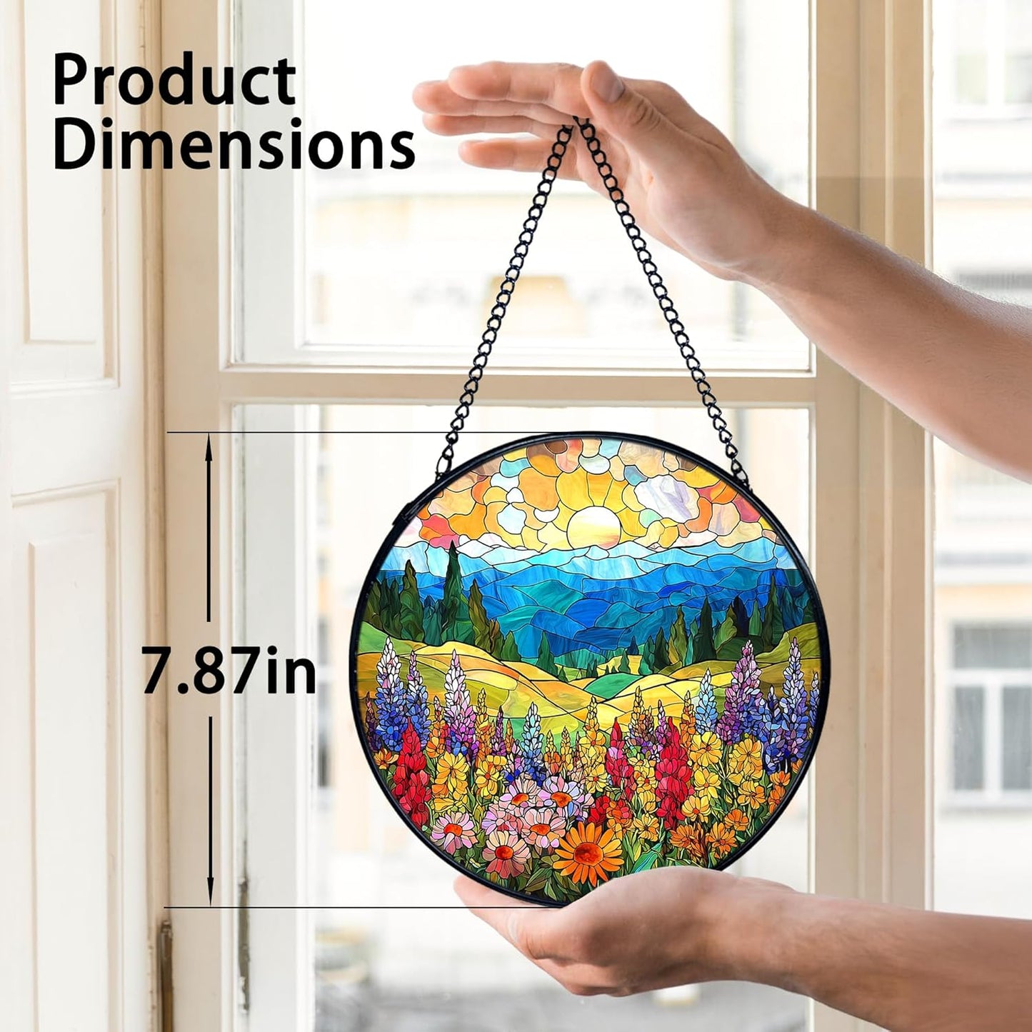 TNUW Flower Stained Glass Window Hanging, Cottagecore Sunset Colorful Wildflower Landscape Sun Catchers Indoor Window Glass Round Wall Art Decor, Floral Wall Hanging Decorations, 7.9＂x7.9＂