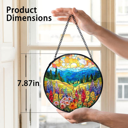 TNUW Flower Stained Glass Window Hanging, Cottagecore Sunset Colorful Wildflower Landscape Sun Catchers Indoor Window Glass Round Wall Art Decor, Floral Wall Hanging Decorations, 7.9＂x7.9＂