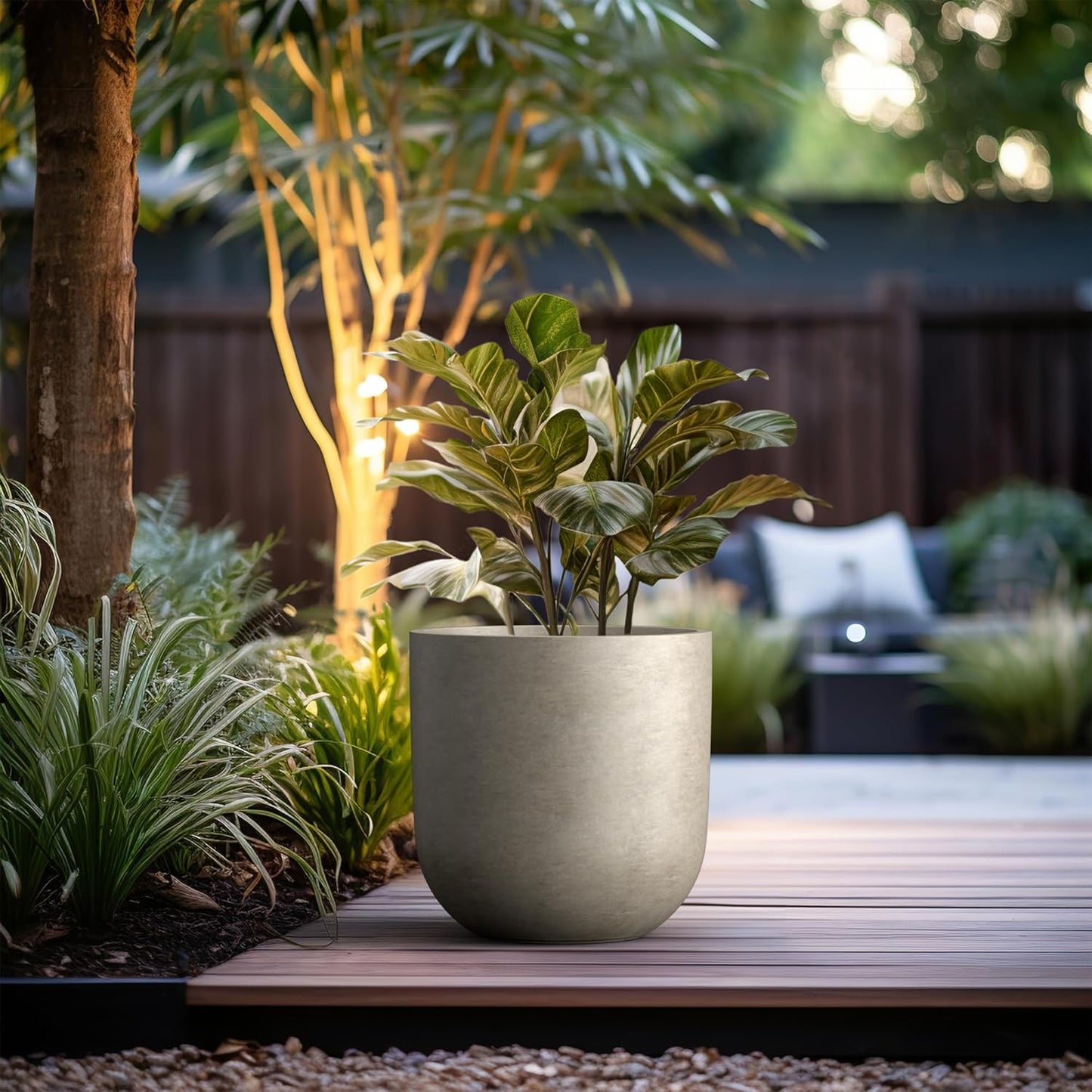 Kante 16.5" Round Concrete Planter, Large Cylinder Plant Pot with Curved Bottom and Drainage Hole, for Indoor and Outdoor Use – Garden or Patio, Weathered Concrete Finish with Warm Brown Interior
