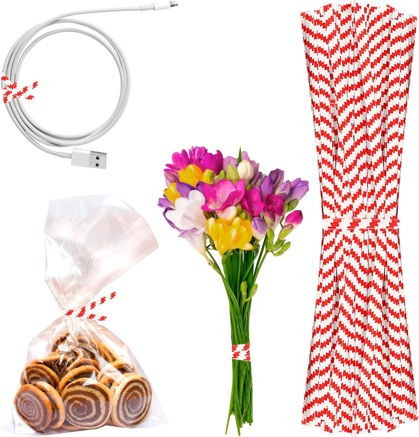 APQ Red and White Metallic Twist Ties for Bags, 4 inches. 2000 Pack Plastic-Coated Bread Twist Ties for Treat Bags. Reusable Bread Ties. Light Metallic Twist Tie. Heavy-Duty Twisty Ties for Bags
