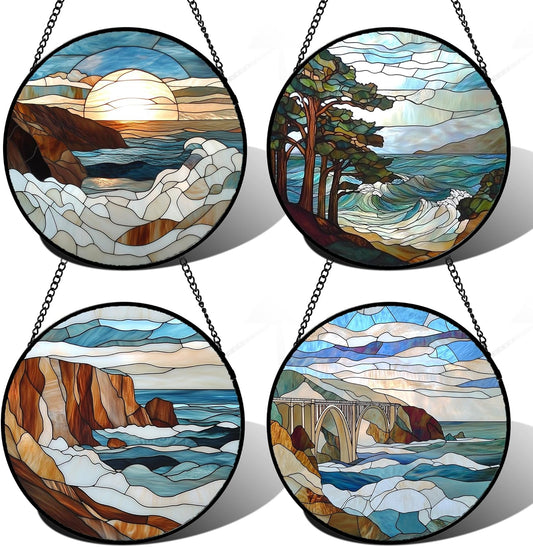 Stained Glass Window Hanging 4 Pcs Set Ocean Waves Large 15" - Blue and White Sea Suncatcher Door