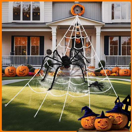 2 Pcs 59" Giant Halloween Spider+11.8" Baby Spider+212" Giant Spider Web, Large Halloween Yard Lawn