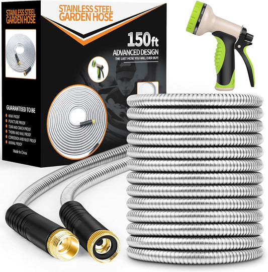 Garden Hose 150ft, Metal Stainless Steel Water Hose with 10 Function Nozzle Flexible, Lightweight, Kink-Free, Pet Proof, Puncture Proof Hose for Yard, Outdoor