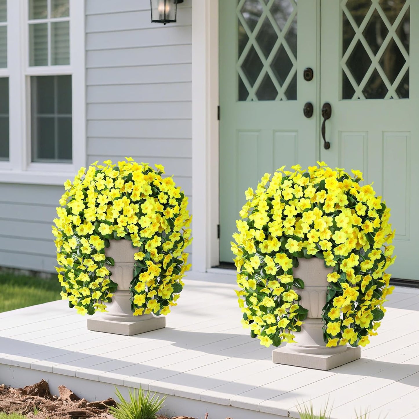 Artificial Faux Hanging Plants Flowers for Outdoor Fall Autumn Decor, 2 PCS Fake Silk Daisy Mums Yellow Orchid Long Vines UV Resistant Realistic for Outside Home Porch Patio Balcony Planter
