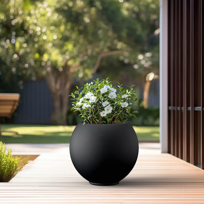 Kante Round Concrete Flower Pot, 19.3 Inch Dia (14" Opening) Sphere Shape Design Planter with Drainage Hole and Rubber Plug for Indoor & Outdoor Plants, Black Finish with Warm Brown Interior