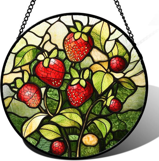 Stained Glass Window Hanging - Red Strawberry Suncatcher for Doors Window Home Green Plant Sun