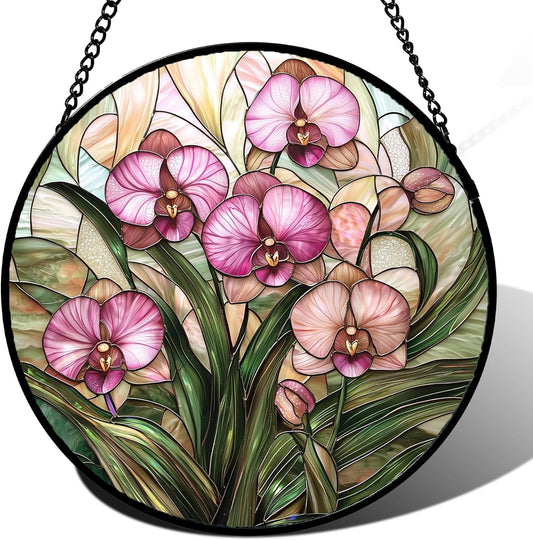 Stained Glass Window Hanging - Pink Phalaenopsis Orchid Green Leaves Sun Catcher for Door Home