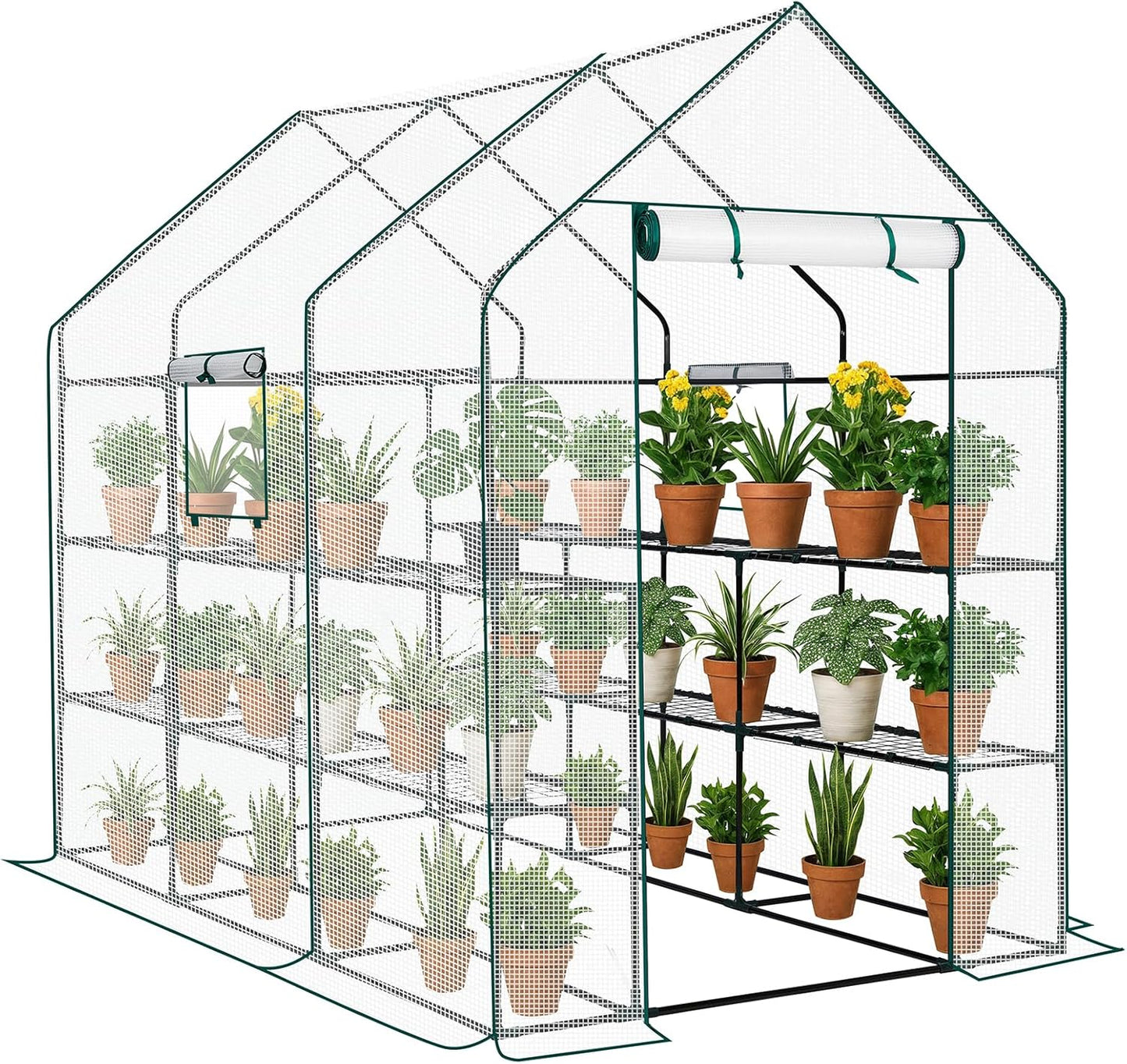 Outvita Walk-in Greenhouse, Outdoor Durable PE Plant Green House for Frost Protection with 3 Tiers 12 Shelves, Shelf Clips, Roll-up Zipper Door, 56"x85"x77" White