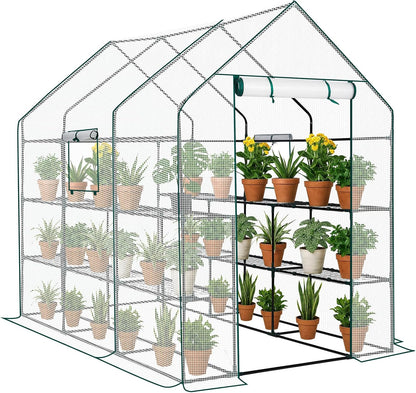Outvita Walk-in Greenhouse, Outdoor Durable PE Plant Green House for Frost Protection with 3 Tiers 12 Shelves, Shelf Clips, Roll-up Zipper Door, 56"x85"x77" White