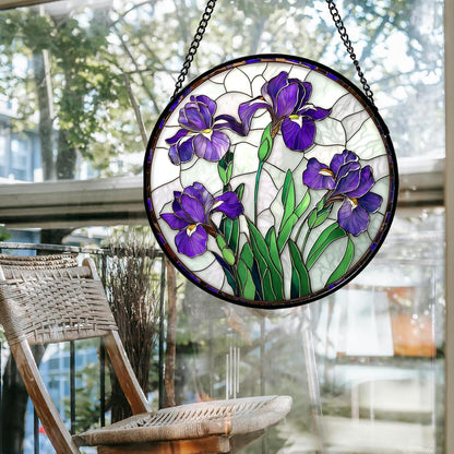 Stained Glass Window Hanging - Purple Iris Flower Sun Catcher for Door Terrace Garden Home Decor, Green Plants Suncatcher Birthday Gifts for Lovers Women Men Dad Mom Nana 9.8 in