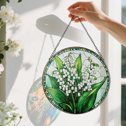 8-Inch Stained Glass Ornament, Stained Glass Window Hanging, Lily of Valley Flower Ornament, Window Hanging Decor Suncatcher | Mother's Day, Christmas, Birthday, Gifts for Mom & Flower Lovers