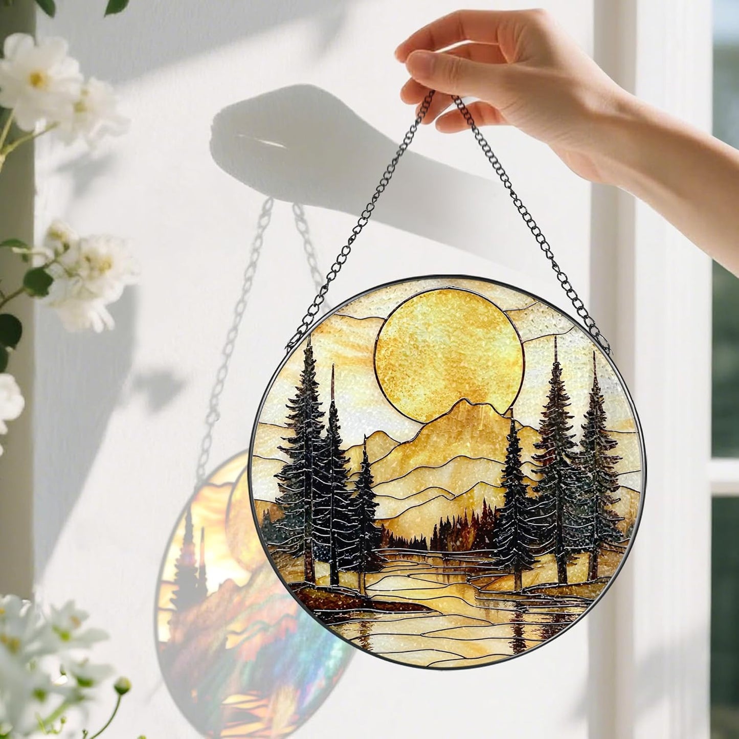 8-Inch Stained Glass Ornament, Stained Glass Window Hanging, Window Hanging Decor Suncatcher, Mountain Sunset Ornament | Holiday, Mother’s Day, Housewarming | Gifts for Nature Lovers, Friend & Family