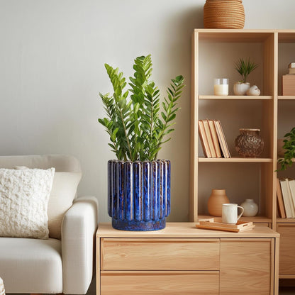 Ceramic Pots for Plants - 7.6 Inch Plant Pots Indoor with Drainage Hole, Fluted Round Ceramic Planter Outdoor, Modern Flower Planter, Home Office Living Room Decor, Garden Gifts, Blue