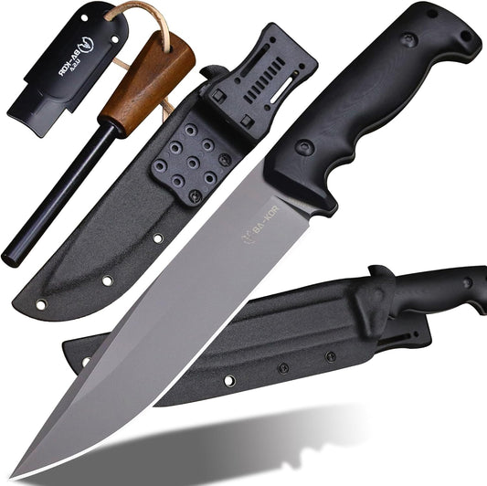 BA-KOR 5mm (9CR18MOV) steel 12.4" full tang hunting knife+K sheathing &5.9" cerium igniter Suitable for outdoor hunting, camping, wilderness survival, outdoor rescue, barbecuing, fishing, and as a gift