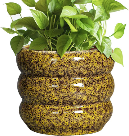 SQOWL Ceramic Planter - 8 Inch Indoor Plant Pot with Drainage Hole, Round Planter for Outdoor Plants, Ceramic Flower Pots, Bubble Planters, Home Room Porch Decor, Plant Lover Gifts, Yellow