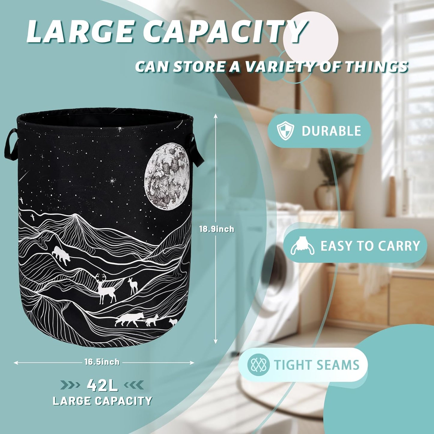 Mountain Laundry Basket Foldable With Handles Deer Bear Moon Tote Bag Oxford Cloth Funny Laundry Hamper Clothes Storage Bucket Toy Organizer For Bathroom/Laundry/Bedroom 18.9" x 16.5 "