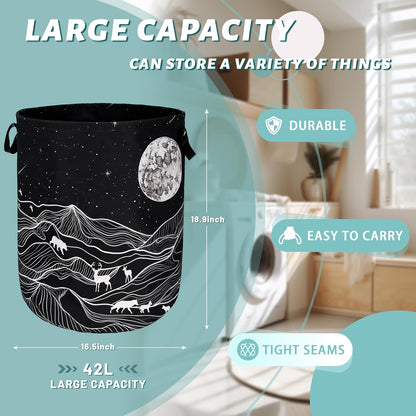 Mountain Laundry Basket Foldable With Handles Deer Bear Moon Tote Bag Oxford Cloth Funny Laundry Hamper Clothes Storage Bucket Toy Organizer For Bathroom/Laundry/Bedroom 18.9" x 16.5 "