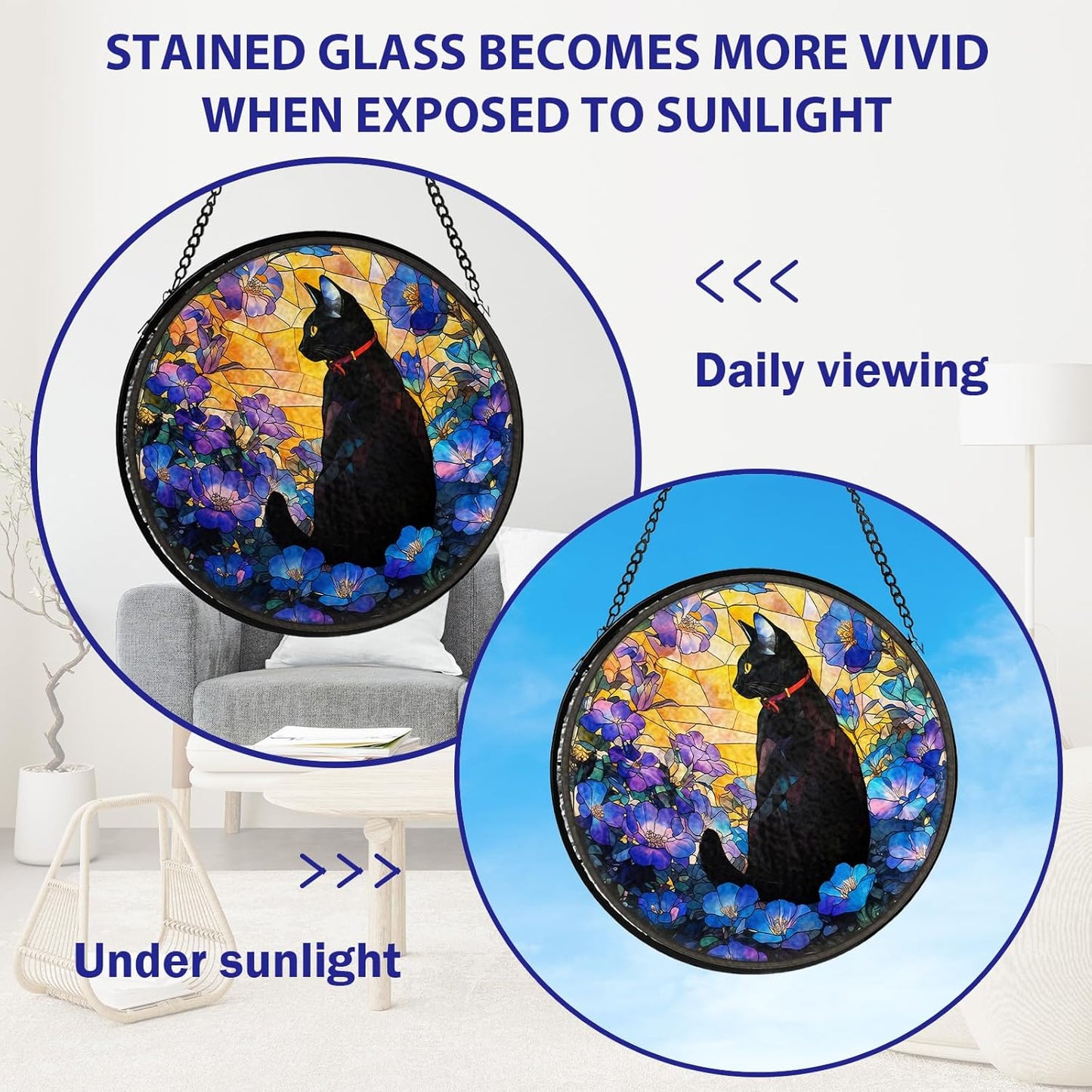 Cat Stained Glass Window Hanging, Flower Suncatcher Diamond Glass Panel Hangings, Sun Catchers Indoor Windows Wall Art, Gifts for Cat Lovers, Christmas Decor for Home Garden Office 7.87 inches