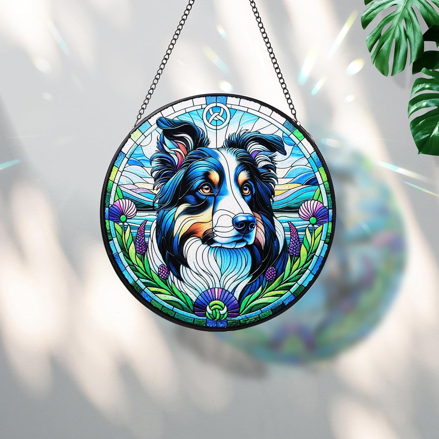 Stained Glass Dog Memorial Suncatcher,Border Collie Window Hanging,Sympathy Gifts for Pet Loss,7.9 inch/20 cm Home and Garden Decor for Dog Lovers (Border Collie)