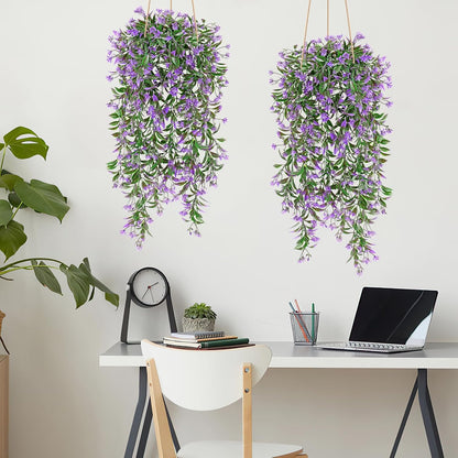 TOCHGREEN 4Pcs Artificial Hanging Plants Fern Vine, Faux Plastic Plants Fake Ivy Vine Greenery Garland with Purple Flower, Outdoor Indoor Decorations for Living Room Balcony Garden Wall Home Decor