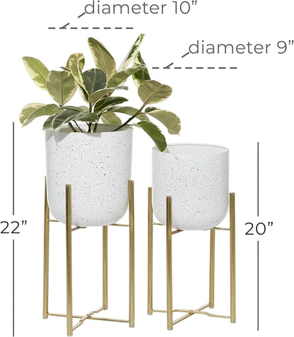 Deco 79 Metal Indoor Outdoor Planter Deep Dome Speckled Large Planter Pot with Gold Stands, Set of 2 Planters 22", 19"H, White
